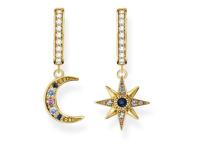 Thomas Sabo Creolen CR682-959-7 in Sterling Silber, vergoldet mit Glas-Keramik, synth. Spinell und Zirkonia, präsentieren einen Mond- und Sternanhänger. Elegantes Design mit funkelnden Details.