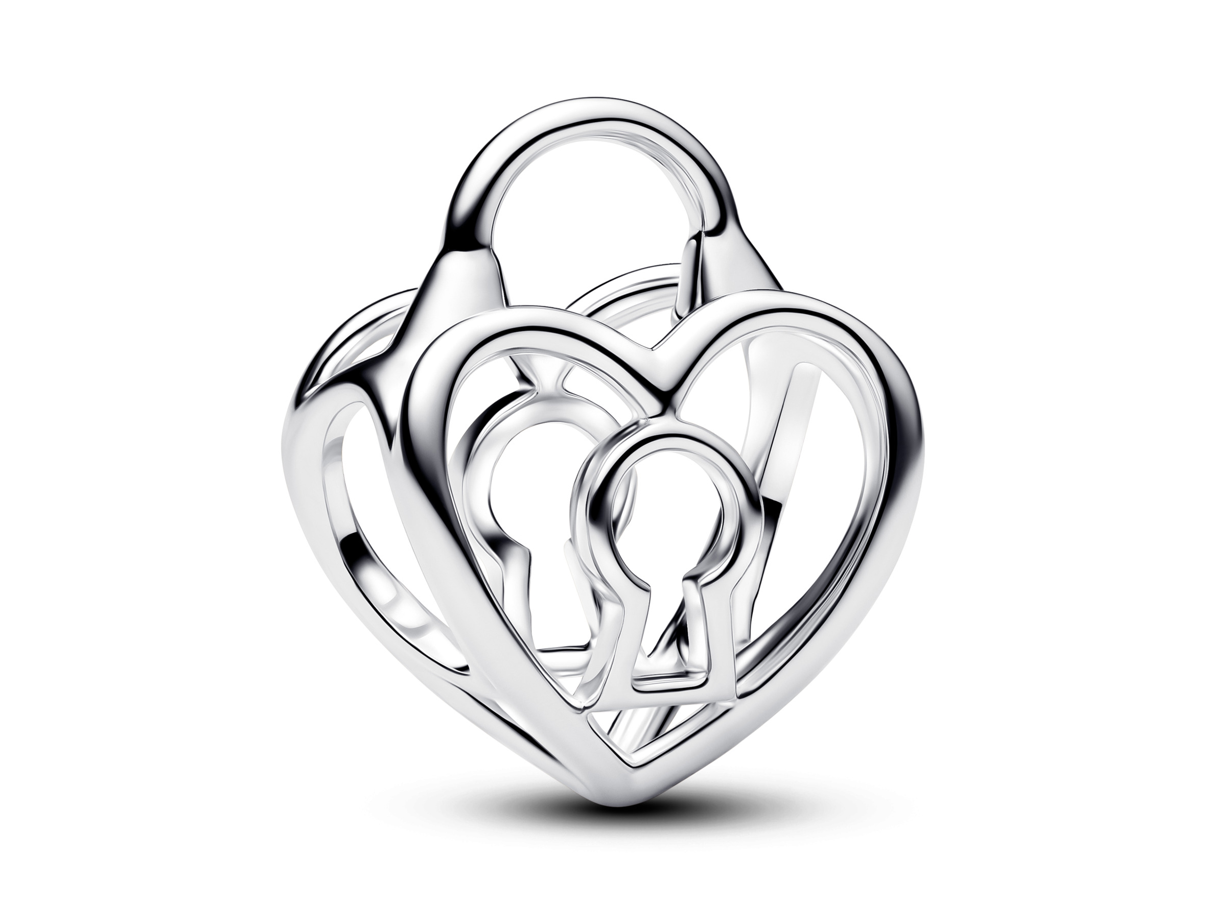 Pandora 794358C00 offenes Herz Vorhängeschloss aus Silber, filigran gearbeitet mit geschwungenen Linien und einem zentralen Schlüsselloch-Design, ideal für Schmuckliebhaber.