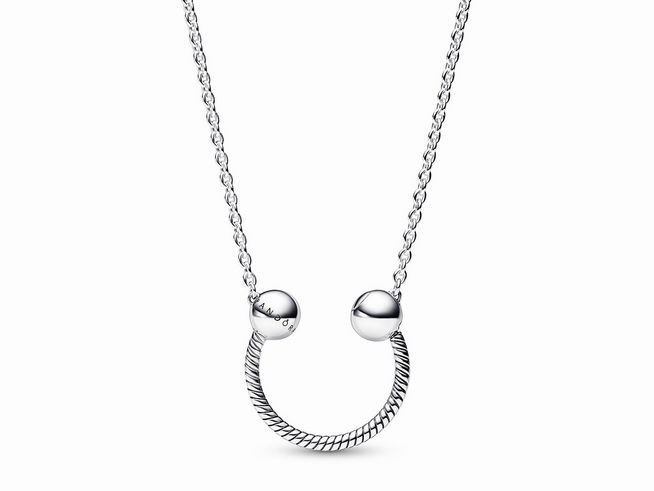 Sterling Silber U-Form Charm-Anhänger Halskette von Pandora mit zwei runden Elementen, elegant und modern, Länge 45 cm, ideal für jeden Anlass.