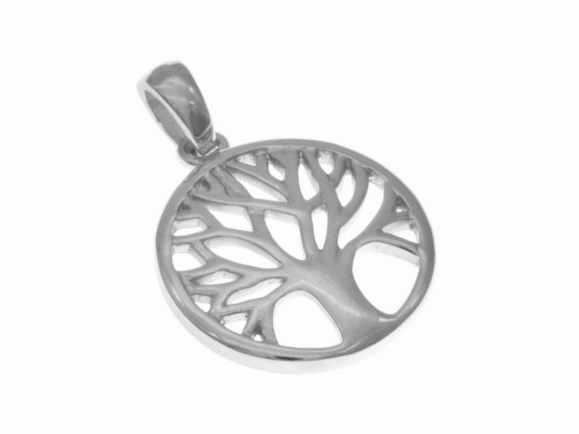 Ein Anhänger Lebensbaum aus Silber rhodiniert mit feinen, durchbrochenen Ästen in kreisförmiger Form, hergestellt von Juwelier Harnisch, ideal für Pflanzenliebhaber.