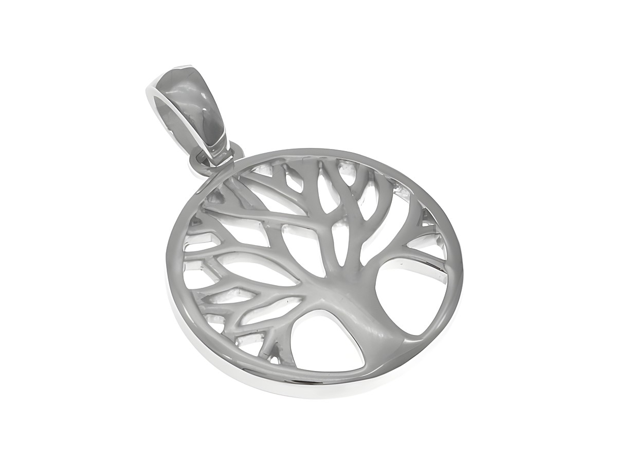 Ein Anhänger Lebensbaum aus Silber rhodiniert mit feinen, durchbrochenen Ästen in kreisförmiger Form, hergestellt von Juwelier Harnisch, ideal für Pflanzenliebhaber.