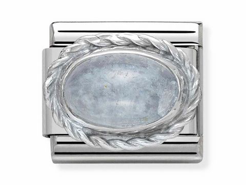 403051001-0 Klassisches Armbandglied von Nomination mit ovalem Aquamarin, umrahmt von einem silbernen Kordelrand in Silver Shine, geeignet für edle Armbandkreationen.