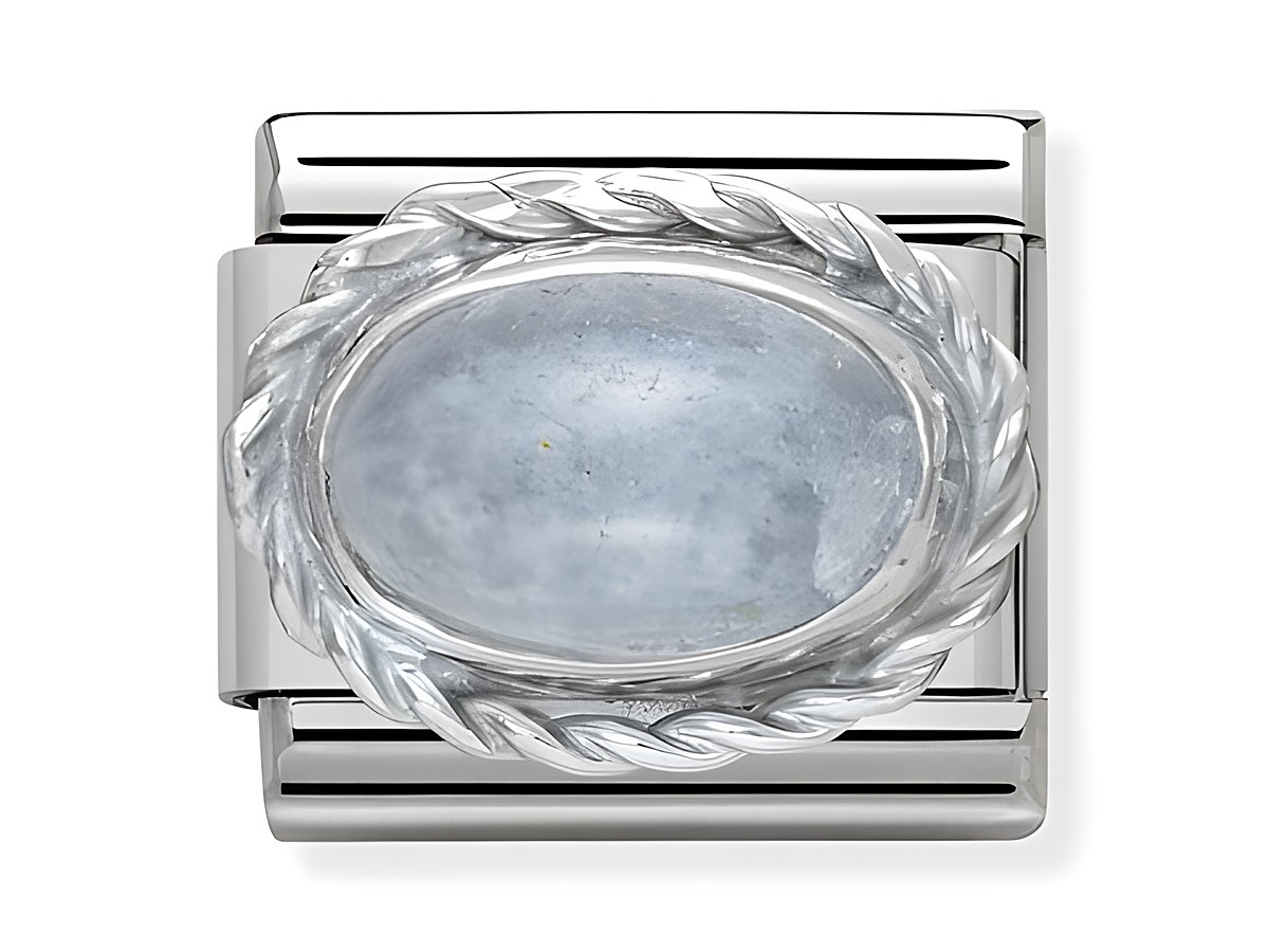Klassisches Armbandglied von Nomination mit ovalem Aquamarin, umrahmt von einem silbernen Kordelrand in Silver Shine, geeignet für edle Armbandkreationen.
