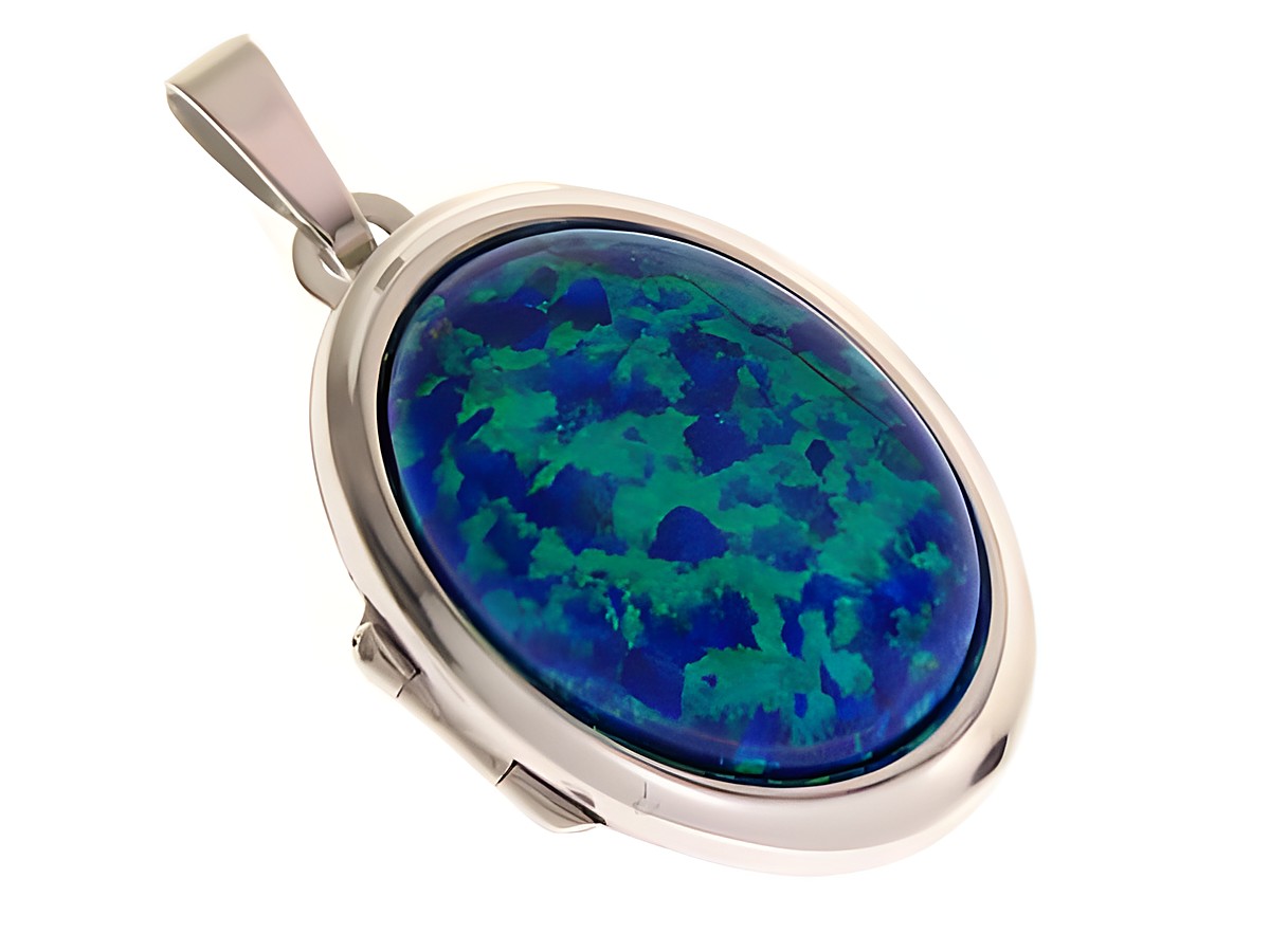 Dunkelblaues Opal Medaillon aus Weißgold 585 von Juwelier Harnisch mit ovalem Cabochon, schimmernd und farbintensiv, ideal als elegantes Schmuckstück.