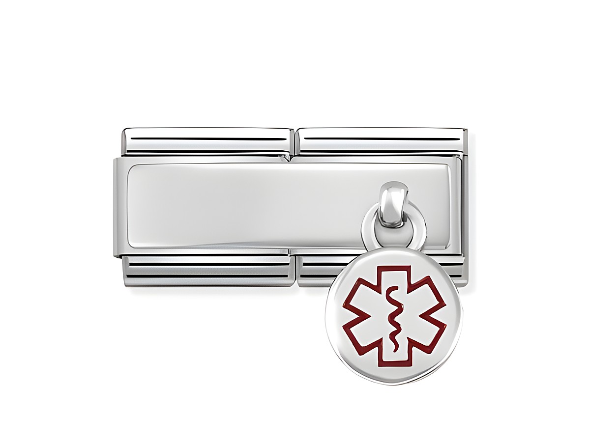 Silberner Emaille Charm von Nomination mit einem Anhänger in Form des Hermesstabs der Medizin, geeignet für personalisierte Schmuckstücke im Onlineshop.