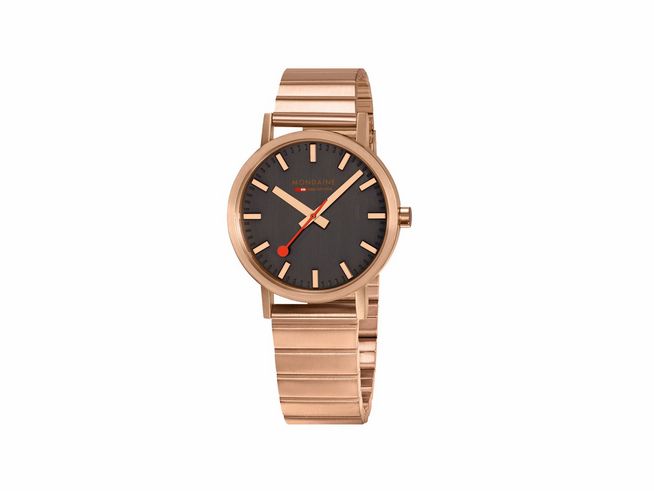 Mondaine Classic A660.30314.16SBR Armbanduhr in 36 mm mit roségoldfarbener Edelstahlarmband und schwarzem Zifferblatt, gefertigt vom Hersteller Mondaine Classic.
