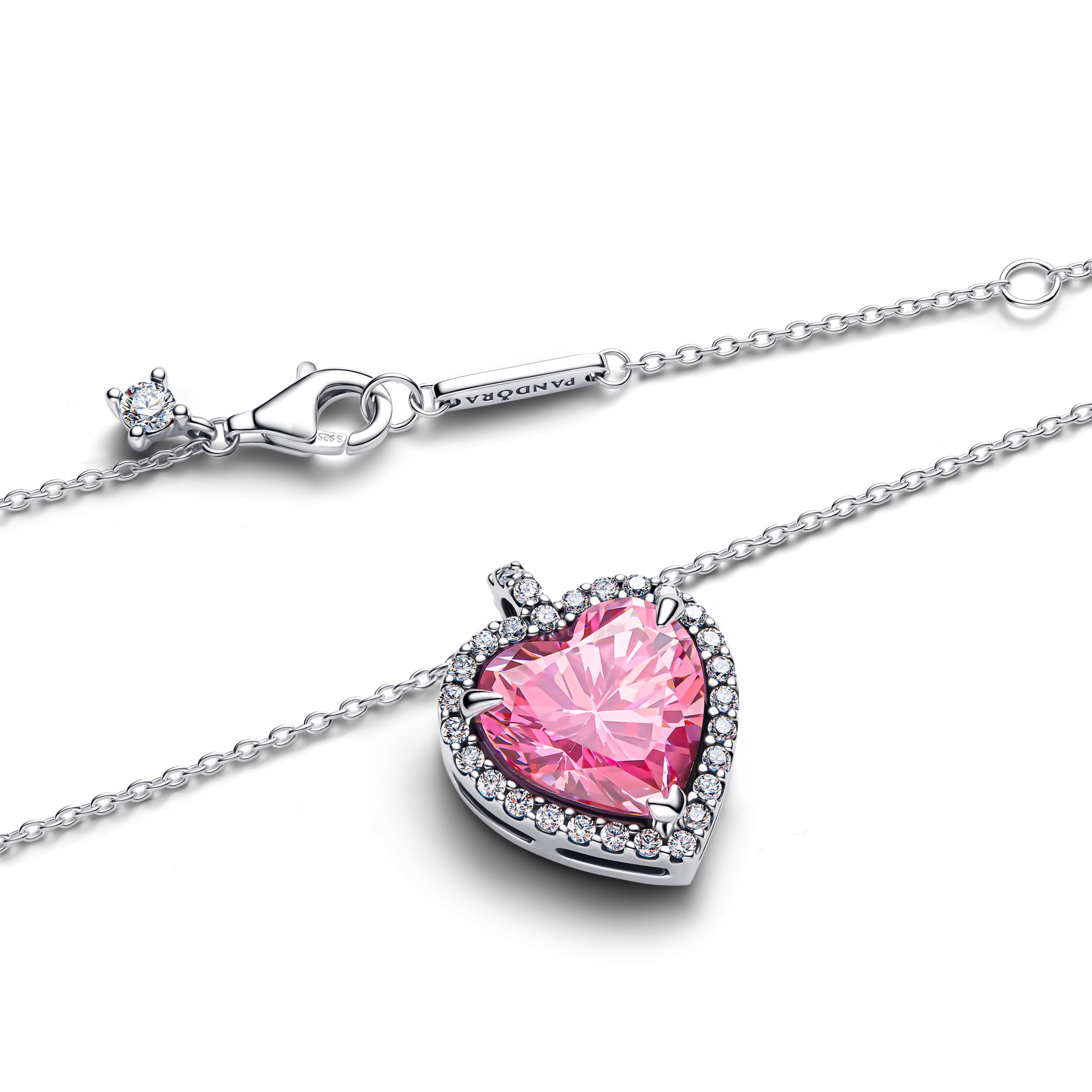 Pandora rosafarbenes Strahlenkranz Herz Collier Halskette - Silber - Zirkonia - Pink - 45 cm – Ansicht 3