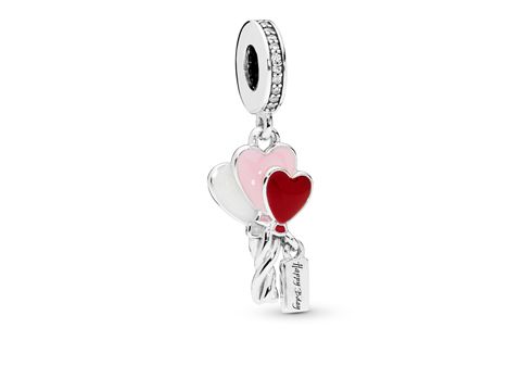 Luftballons Charms in Silber von Pandora, dekoriert mit roten, rosa und weißen Herzmotiven, ideal für Armbänder und Schmuckstücke. Elegantes Design mit funkelnden Details.