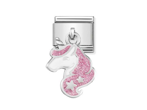 Ein silbernes Charms mit einem glitzernden Einhornkopf in Rosatönen und weißen Sternen, ideal für dem Schmuck von Nomination Classic - SilverShine 331805 13.