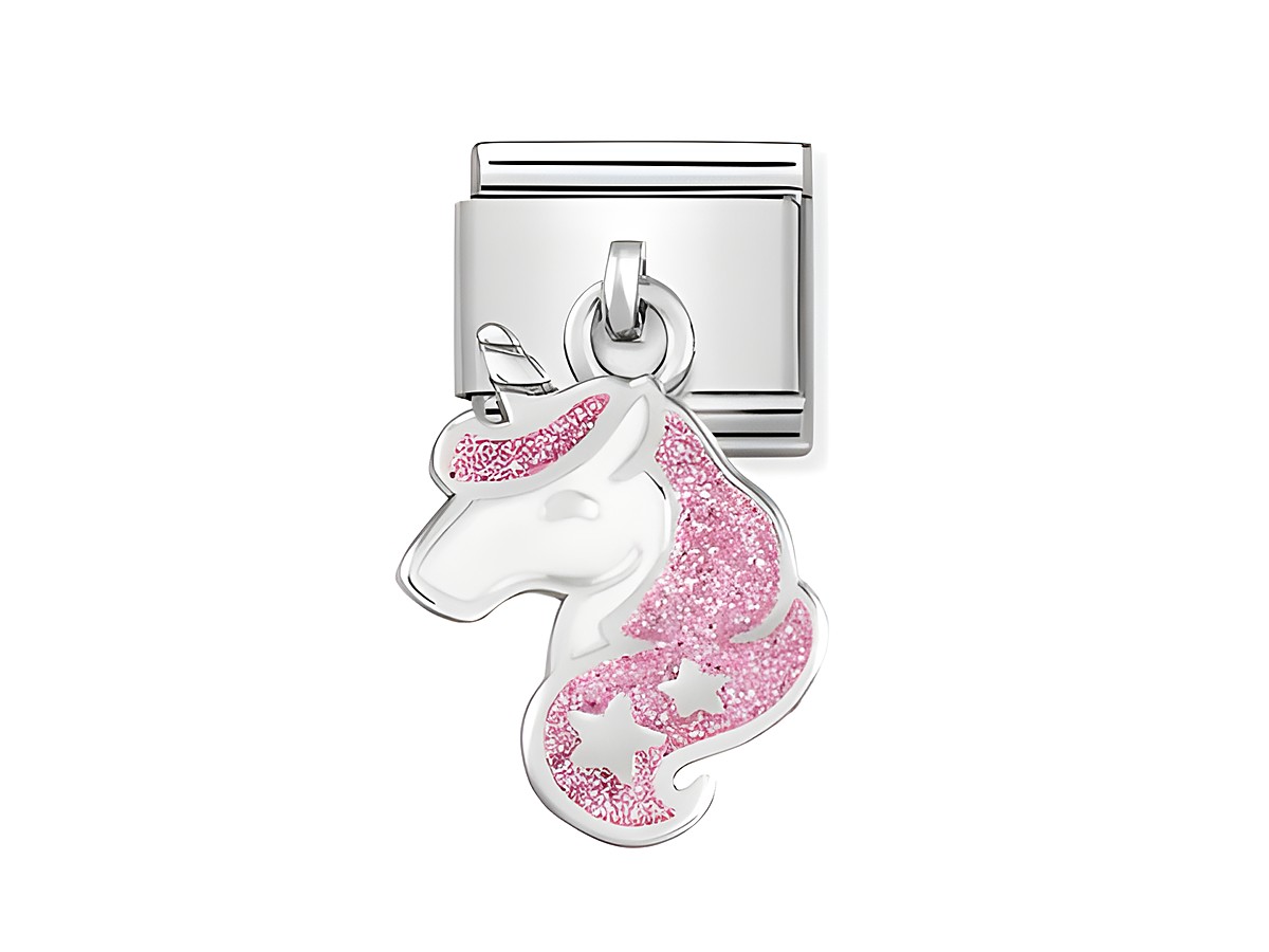 Ein silbernes Charms mit einem glitzernden Einhornkopf in Rosatönen und weißen Sternen, ideal für dem Schmuck von Nomination Classic - SilverShine 331805 13.