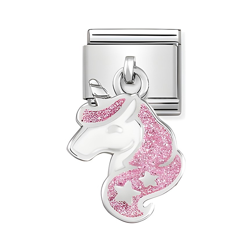 Ein silbernes Charms mit einem glitzernden Einhornkopf in Rosatönen und weißen Sternen, ideal für dem Schmuck von Nomination Classic - SilverShine 331805 13.