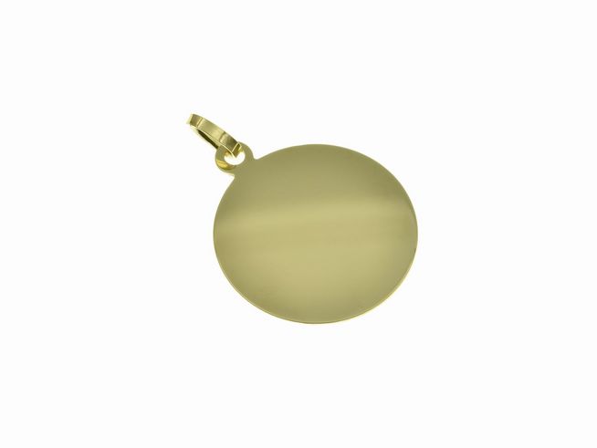 Gold Anhänger mit einer Gravurplatte in rundem Design, Durchmesser 14,7 mm, Hersteller Juwelier Harnisch, ideal für individuelle Gravuren, elegantes Schmuckstück.