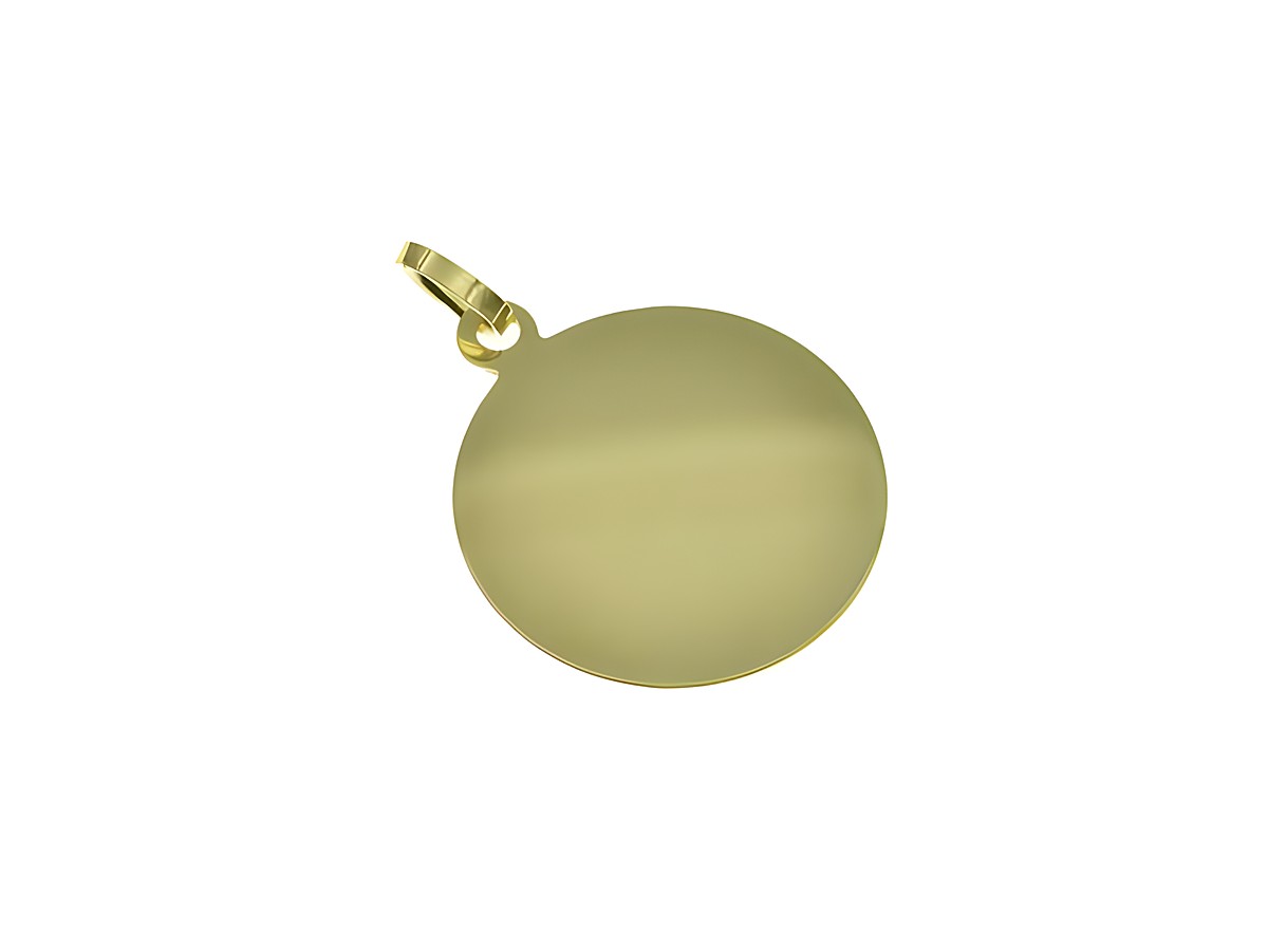 Gold Anhänger mit einer Gravurplatte in rundem Design, Durchmesser 14,7 mm, Hersteller Juwelier Harnisch, ideal für individuelle Gravuren, elegantes Schmuckstück.