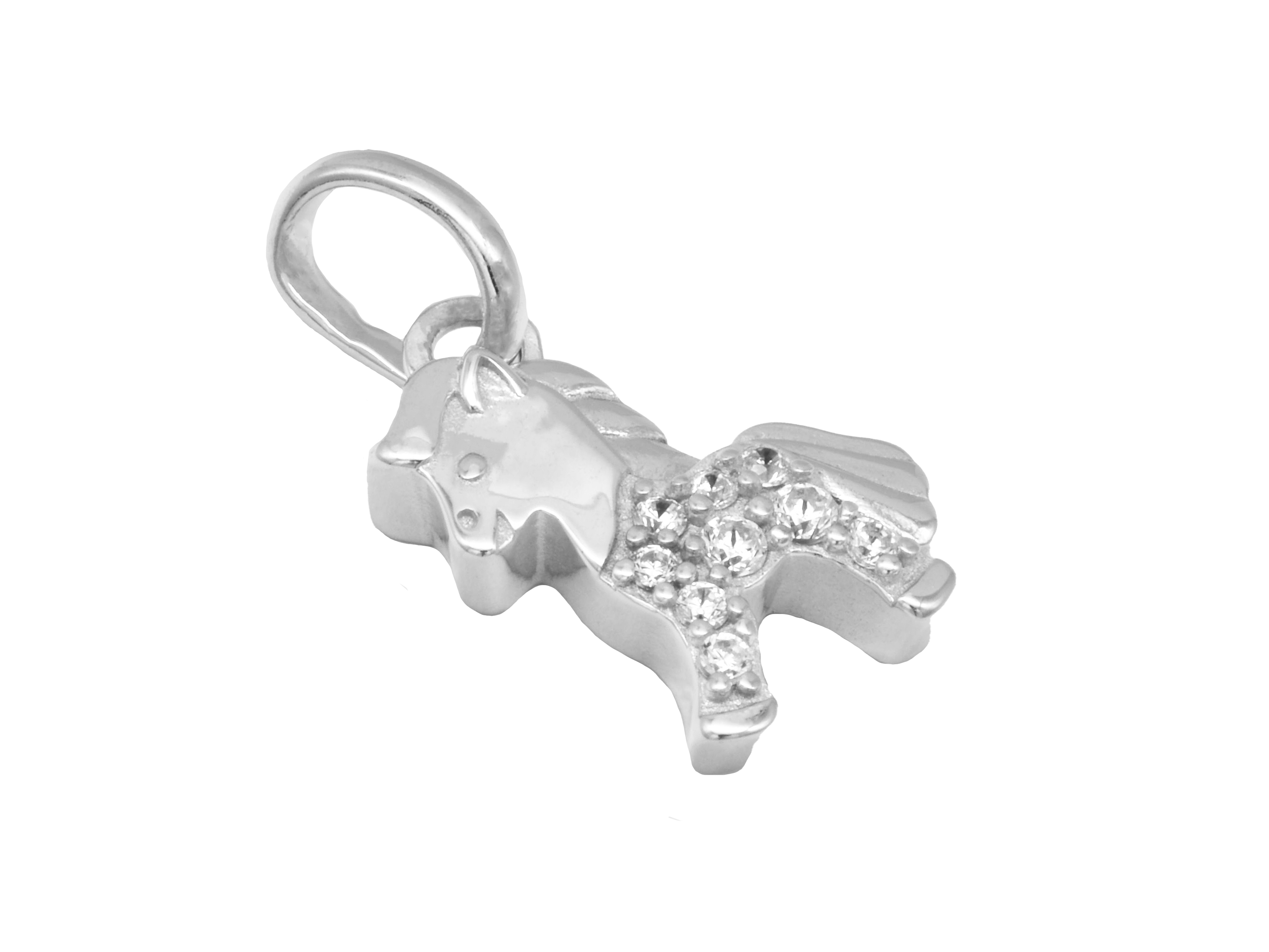 Pferde Anhänger aus rhodiniertem Sterling Silber, poliert, verziert mit weißen Zirkonia, ideal als Schmuckstück für Kinder, hergestellt von Juwelier Harnisch.