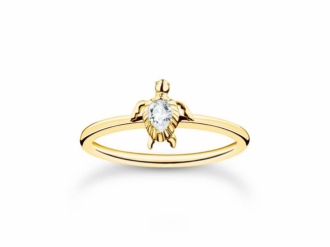 Thomas Sabo Ring aus Sterling Silber, vergoldet in Gelbgold, mit einem Schildkrötenmotiv und einem Zirkonia, Größe 56. Elegant und filigran gestaltet.