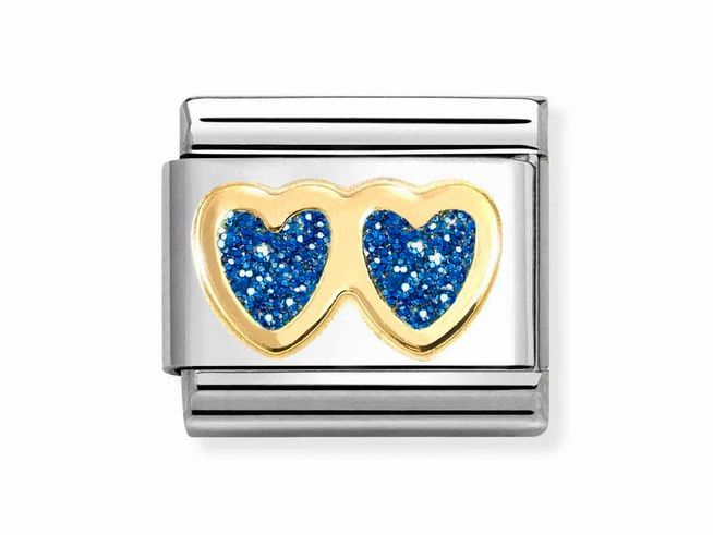 Doppeltes Herz aus Emaille in Blau und Gelbgold, umrahmt von Edelstahl, glänzende Oberfläche, ideal für Schmuckliebhaber, Hersteller Nomination.