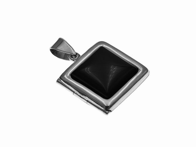 Silber Medaillon in quadratischer Form, modisch gestaltet mit einem schwarzen Onyx Stein, Hersteller: Juwelier Harnisch, mit Stein.