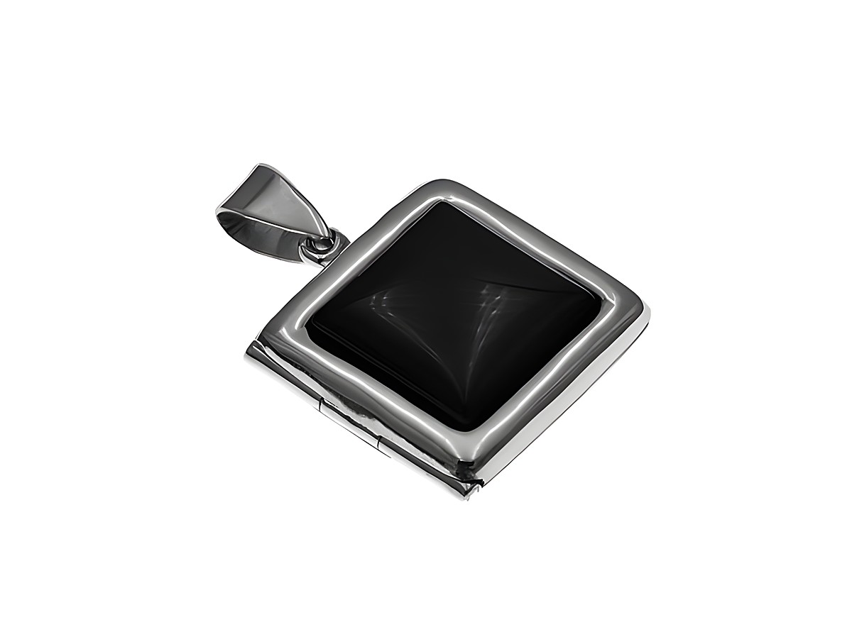 Silber Medaillon in quadratischer Form, modisch gestaltet mit einem schwarzen Onyx Stein, Hersteller: Juwelier Harnisch, mit Stein.