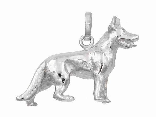 Anhänger eines Schäferhundes aus rhodiniertem Sterling Silber, hergestellt von Juwelier Harnisch, ideal für Tierliebhaber und Schmuckenthusiasten.