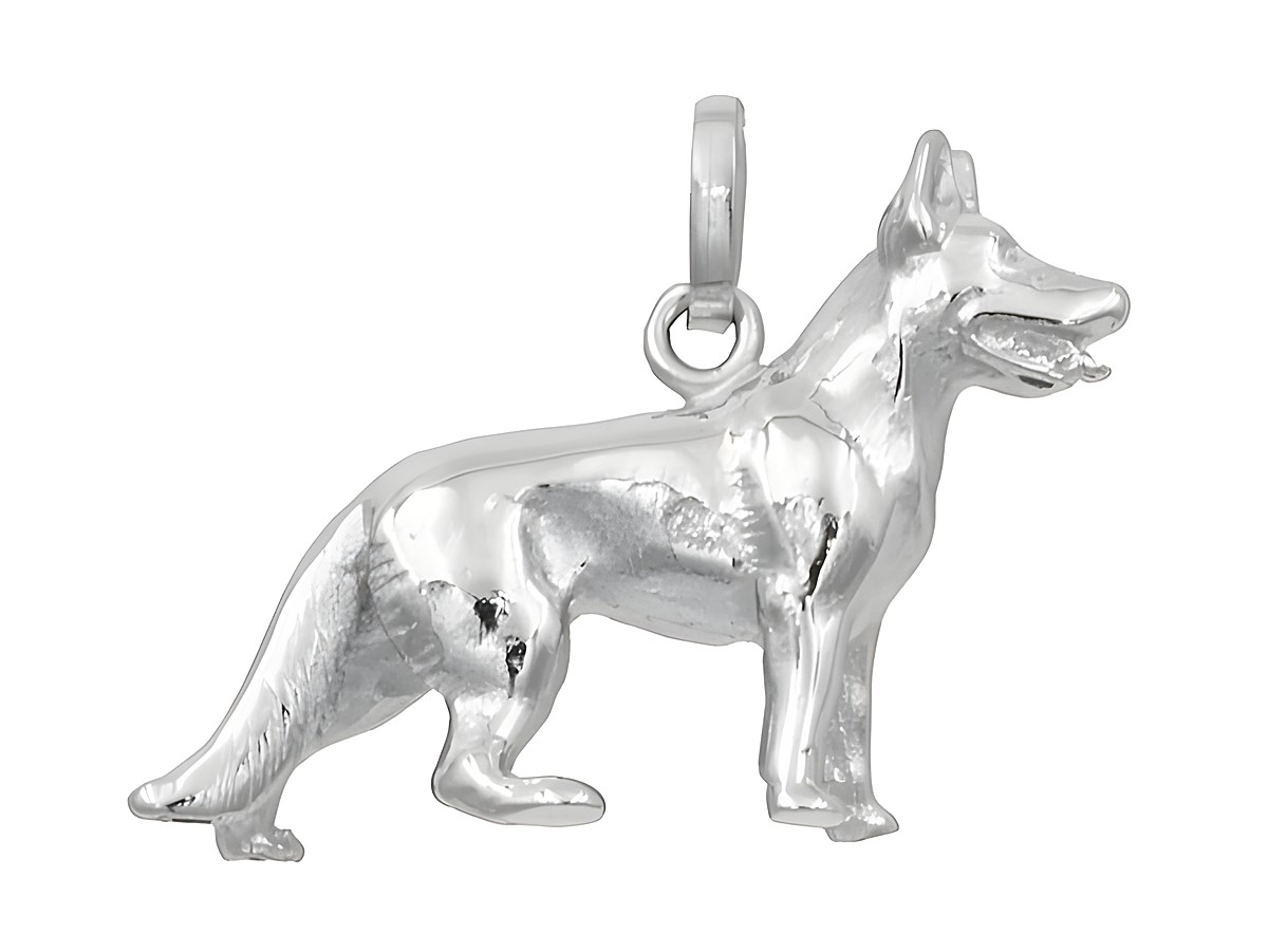 Anhänger eines Schäferhundes aus rhodiniertem Sterling Silber, hergestellt von Juwelier Harnisch, ideal für Tierliebhaber und Schmuckenthusiasten.