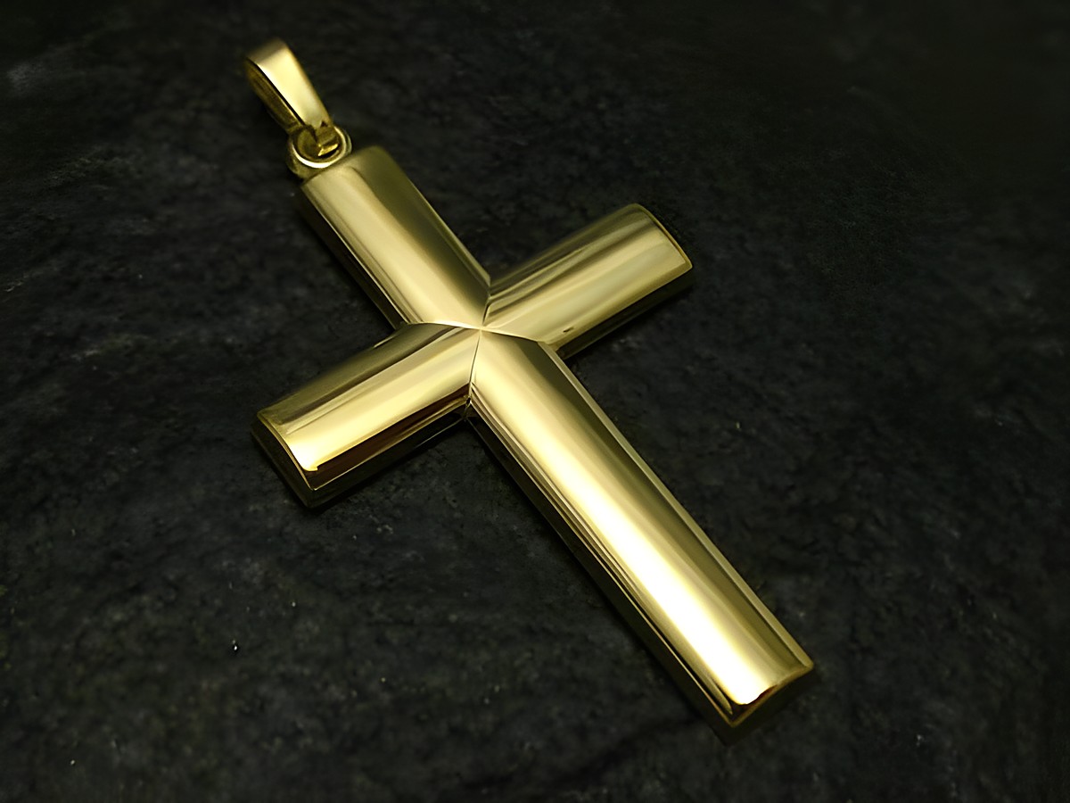 Großes schlichtes Goldkreuz aus Gold 333, Maße 36x22x2mm, Hersteller Juwelier Harnisch, klassisches Design auf schwarzem Hintergrund.