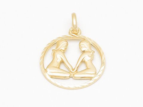 Zweifiguriger Anhänger aus Gold mit dem Motiv der Zwillinge, diamantiert, Durchmesser 17 mm, hergestellt von Juwelier Harnisch, symbolisiert das Sternzeichen Zwillinge.