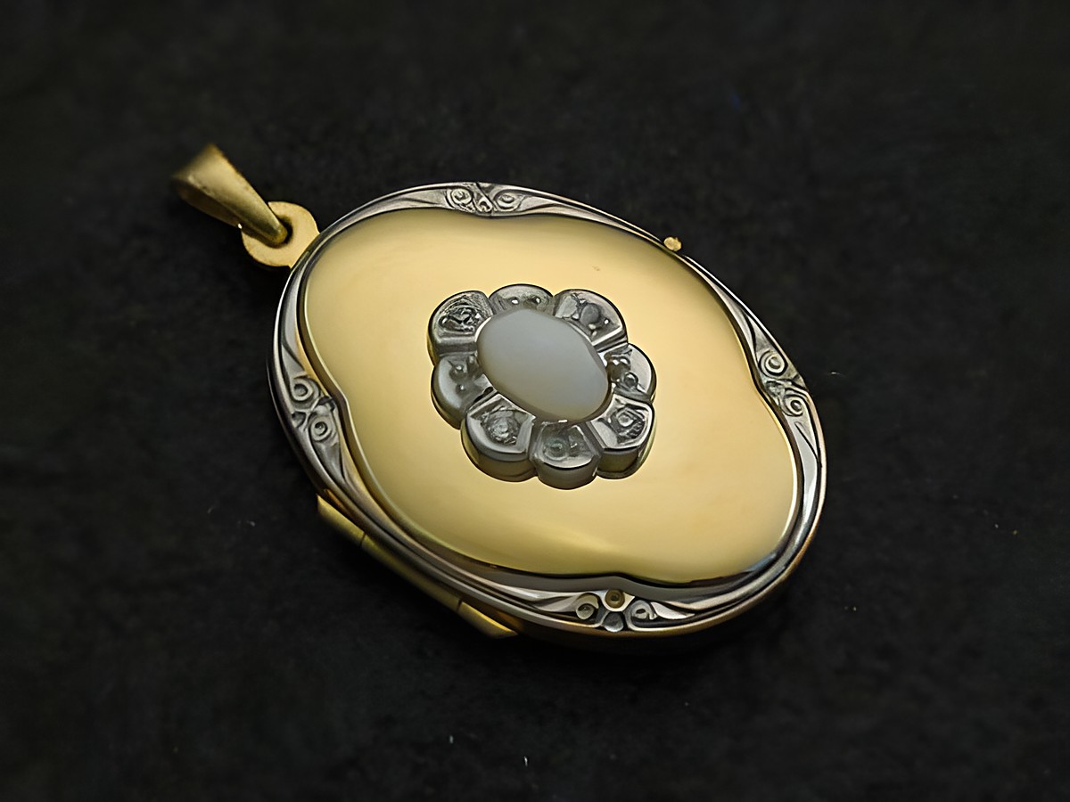 Opal weiß Medaillon Cabochon aus Gold 585 bicolor, zarter Blumenschmuck mit funkeln, Hersteller Juwelier Harnisch, elegantes und zeitloses Schmuckstück.
