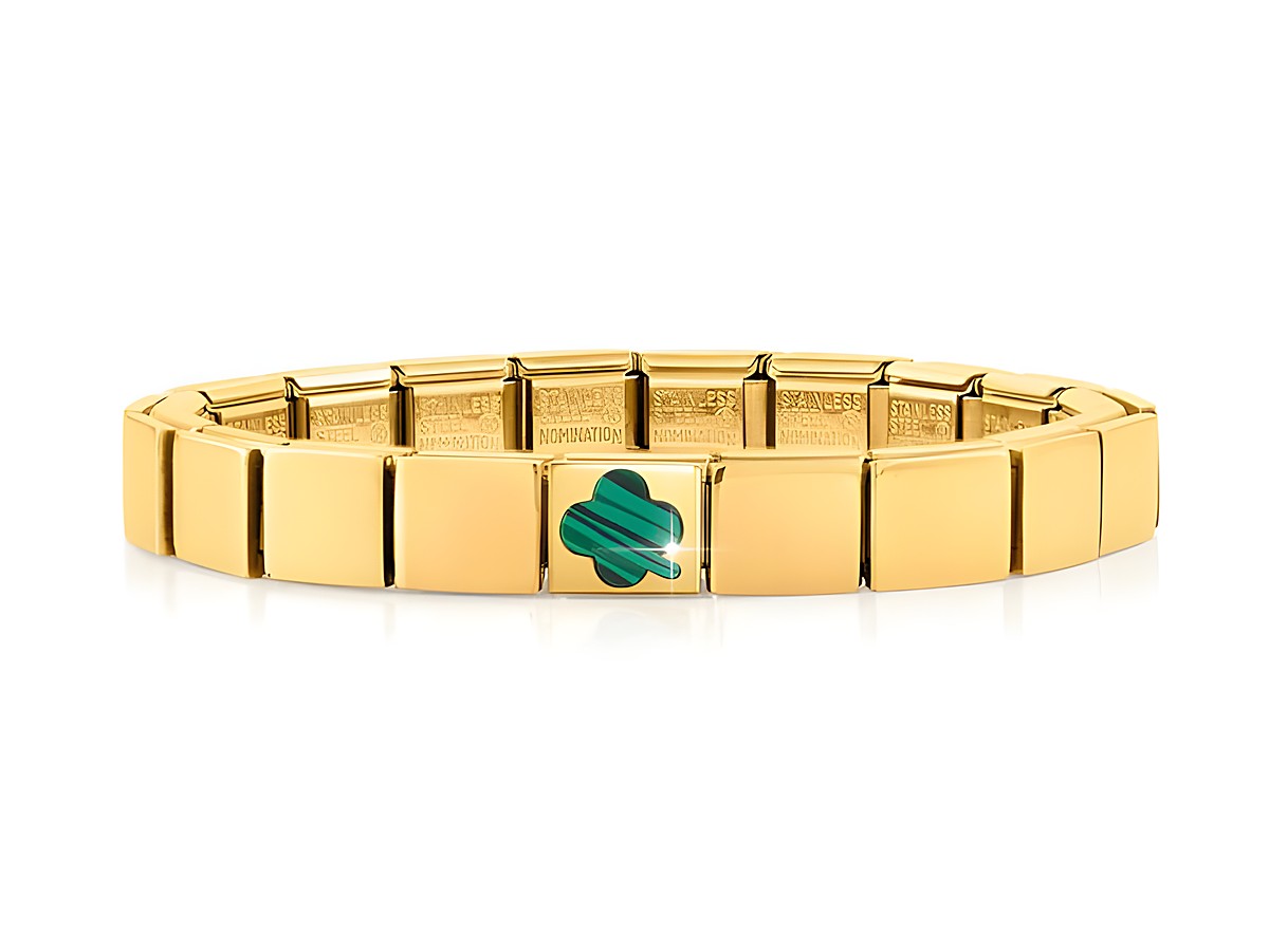 Edelstahl Armband in Gelbgold mit Kleeblatt aus Malachit, von Nomination, elegantes Design und hohe Qualität, ideal für stilvolle Akzente im Alltag.