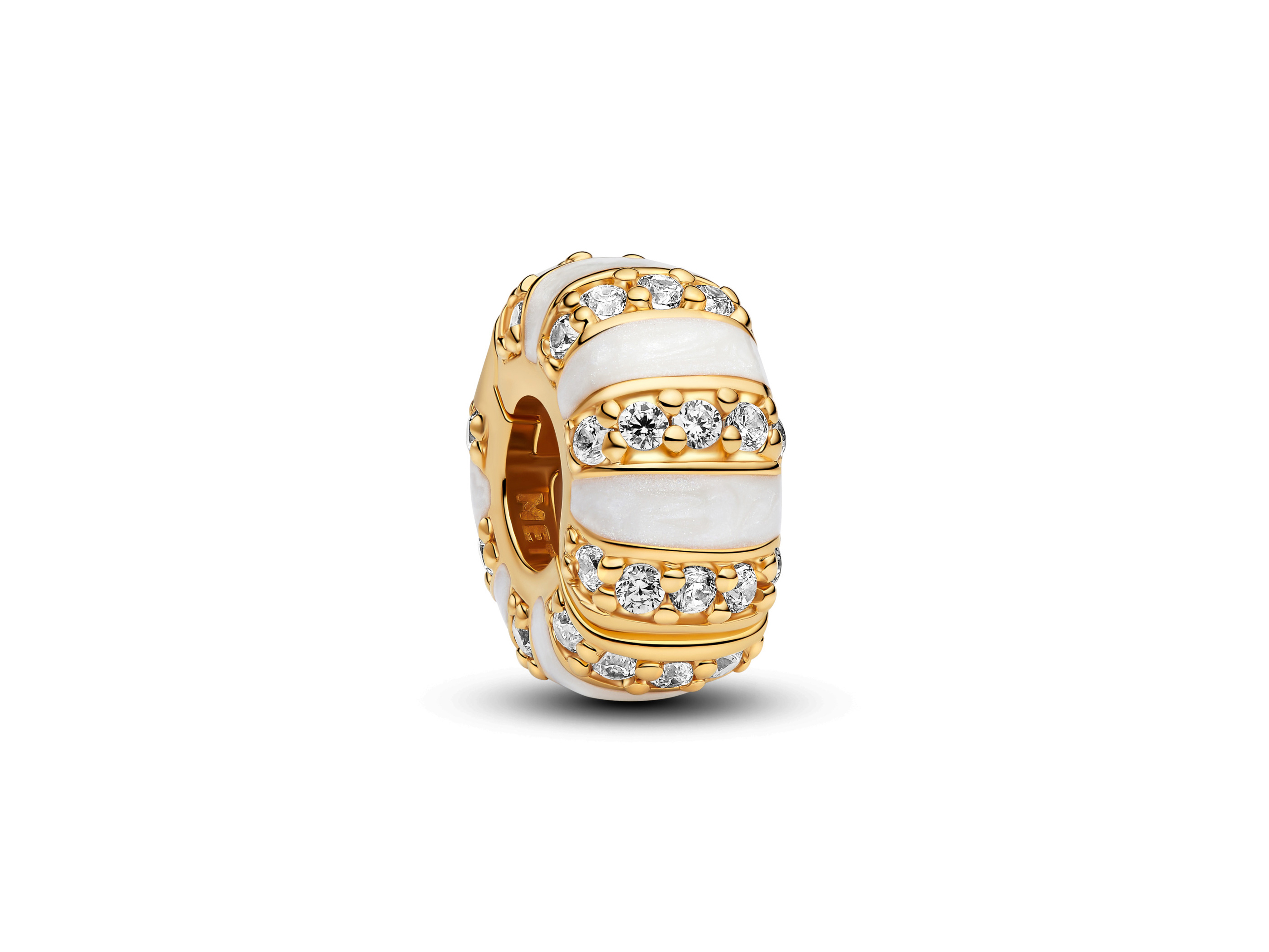 Pandora Clip Stopper aus Gelbgold mit Zirkonia und emaillierten Steinen, elegant gestaltet mit feinen Details und schimmerndem Finish, perfekt für individuellen Schmuck.