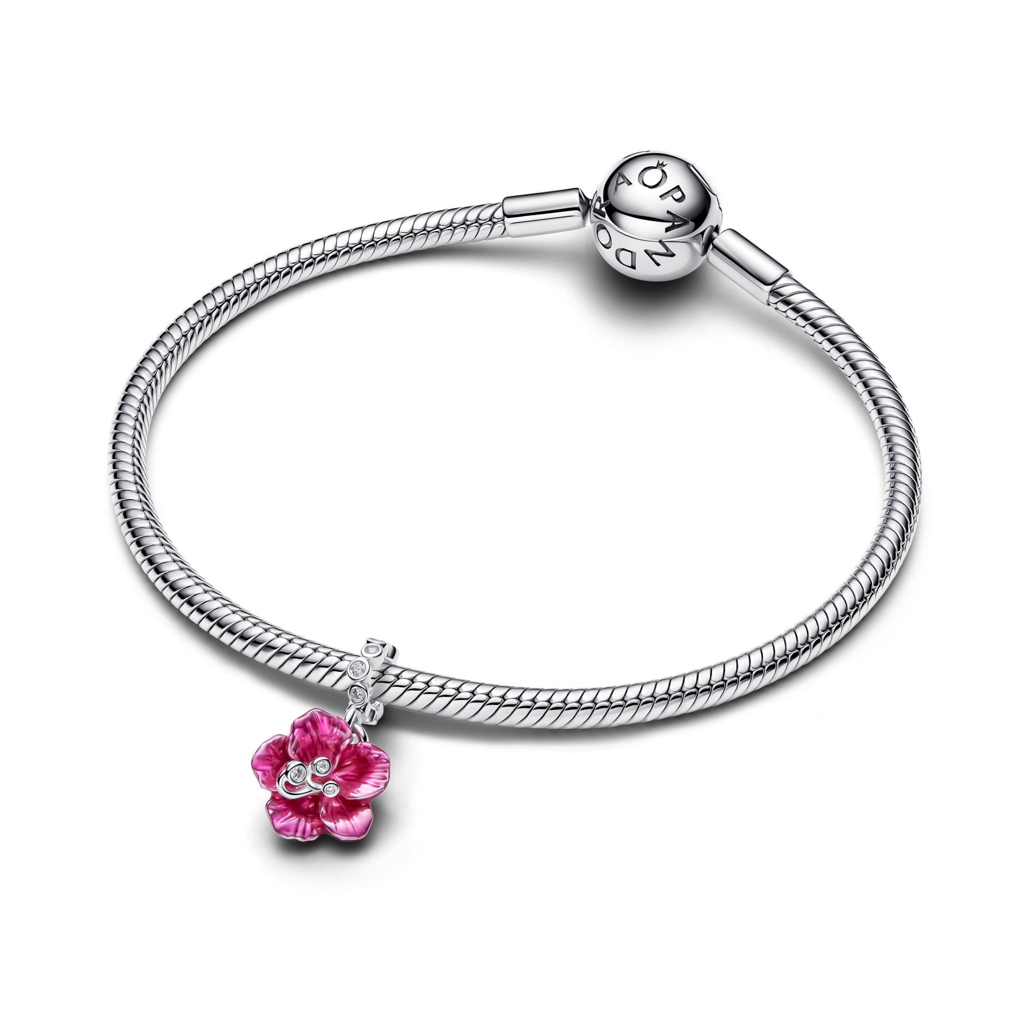 Pandora Hibiskus Charm-Anhänger Silber - Zirkonia + Pink Emaille – Ansicht 3