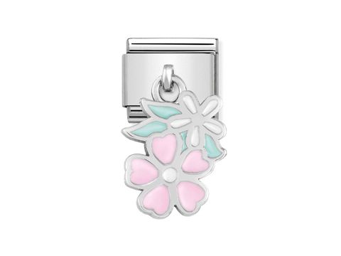 Doppelte Blume mit pinken und grünen Akzenten aus der Kollektion NOMINATION Classic - SilverShine 331805 10, ideal als Charm für Schmuck.