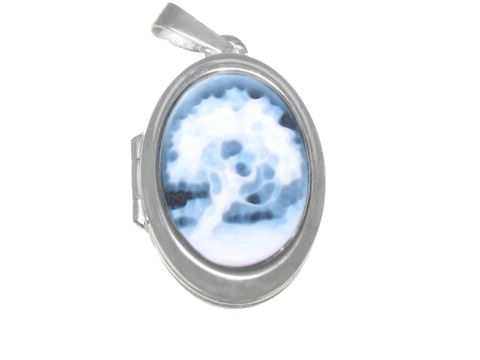 46077-0 Lebensbaum Achat Gemme Medaillon aus Weißgold 585, zeigt einen liebevoll gestalteten Baum in sanften Blautönen, elegant eingefasst im hochwertigen Weißgold des Herstellers Juwelier Harnisch.