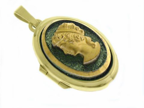 Dame grün Medaillon mit Cabochon aus Gold 585, elegant gestaltet mit einem reliefierten Porträt und feinem Design, Hersteller Juwelier Harnisch, Gold 585.