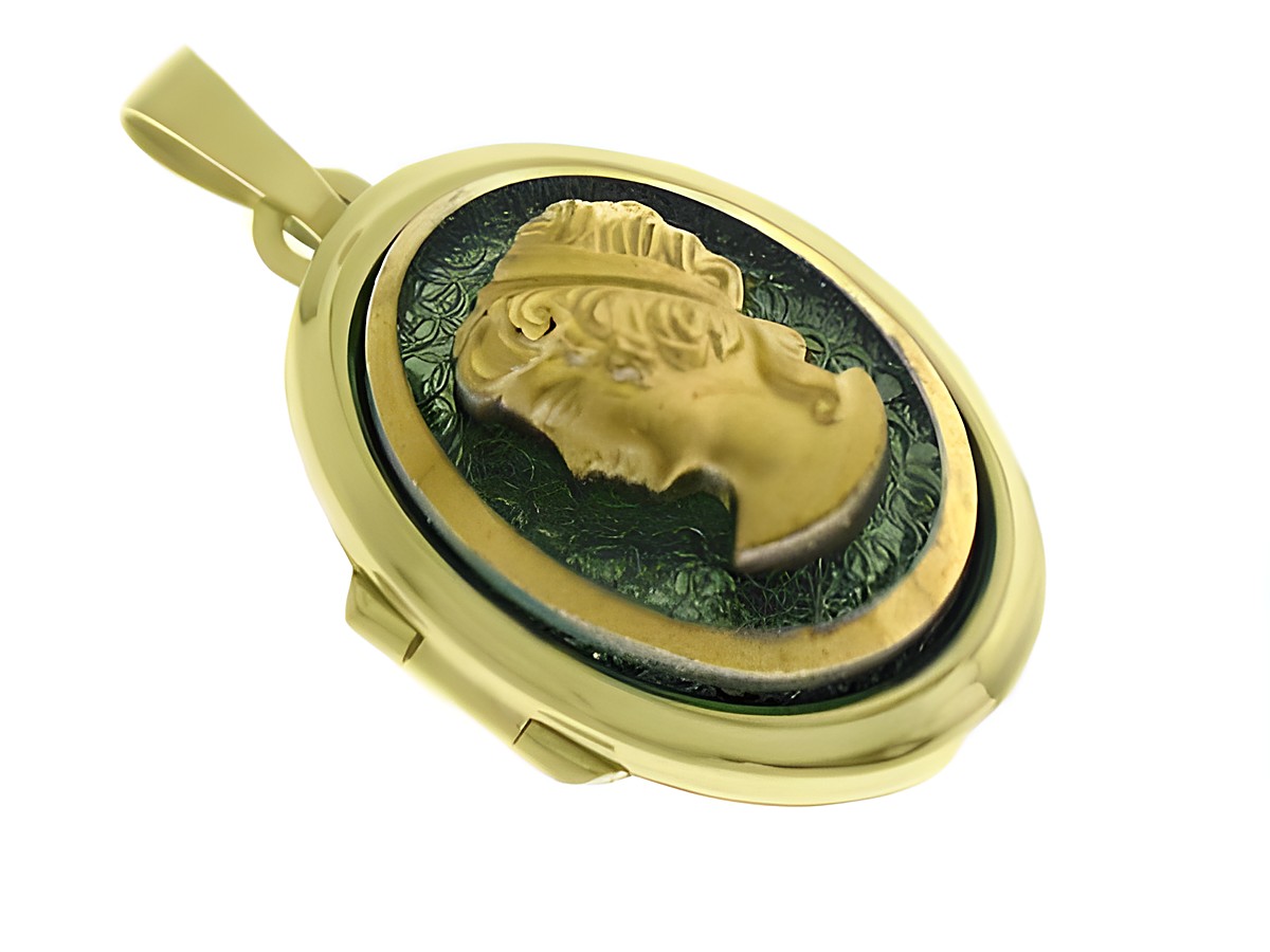 Dame grün Medaillon mit Cabochon aus Gold 585, elegant gestaltet mit einem reliefierten Porträt und feinem Design, Hersteller Juwelier Harnisch, Gold 585.