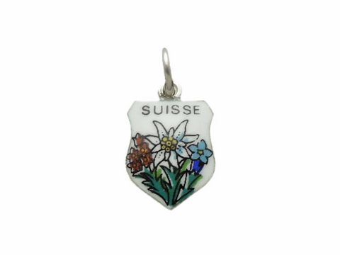Schweiz Silber Anhänger mit Edelweiß, blauem Enzian und Kohlröschen, gestaltet von Juwelier Harnisch, zeigt florale Motive und das Wort SUISSE. Ideal als Schmuckstück für Sammler.