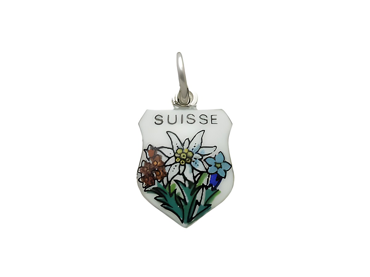 Schweiz Silber Anhänger mit Edelweiß, blauem Enzian und Kohlröschen, gestaltet von Juwelier Harnisch, zeigt florale Motive und das Wort SUISSE. Ideal als Schmuckstück für Sammler.