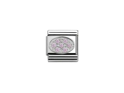 Zirkoniaschmuckstück in rosa und silber mit ovalem Motiv, eingefasst in einem glänzenden Rahmen, ideal für individuelle Armbänder von Nomination.