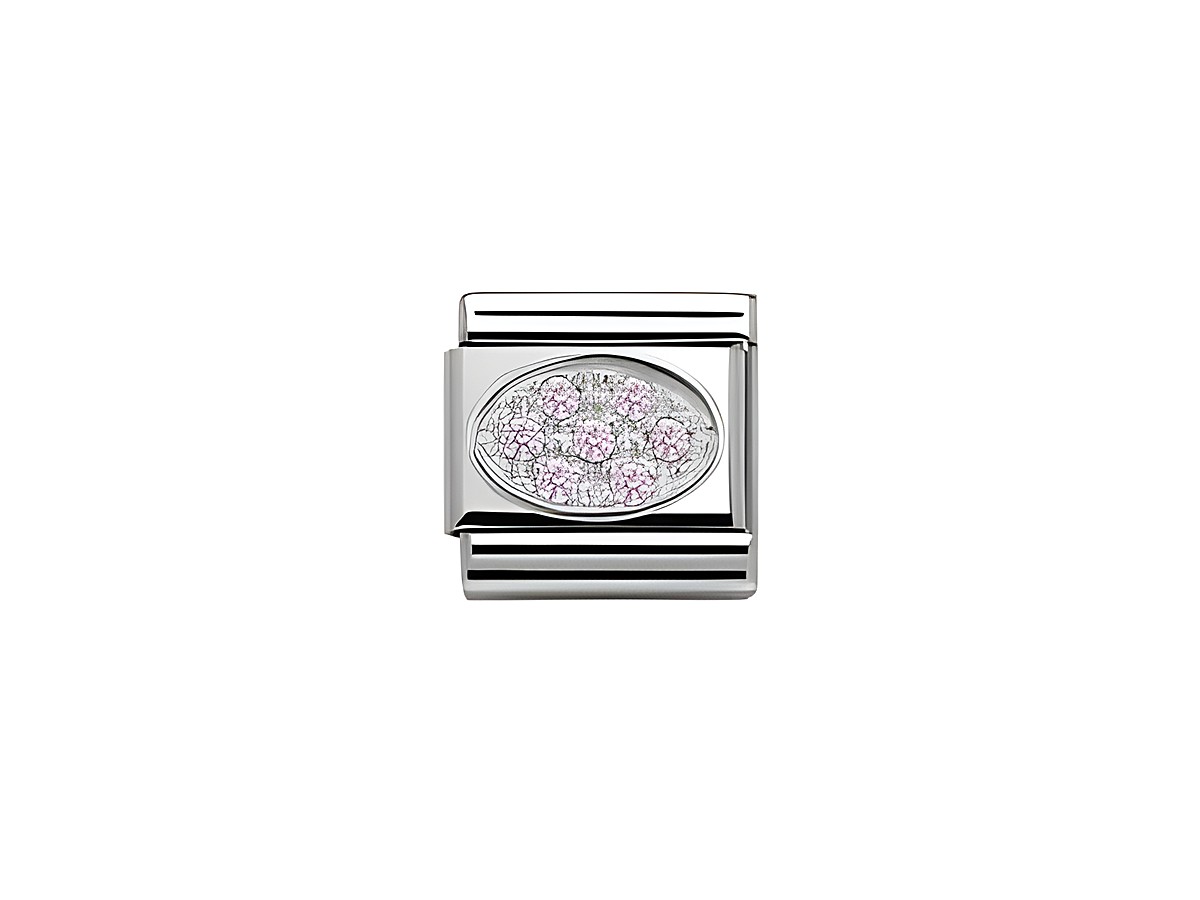Zirkoniaschmuckstück in rosa und silber mit ovalem Motiv, eingefasst in einem glänzenden Rahmen, ideal für individuelle Armbänder von Nomination.
