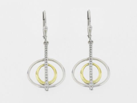 Ohrringe Silber rhod. im modernen Kreisdesign mit Hänger, verziert mit Zirkonia und einem goldfarbenen Innenkreis, Hersteller: Juwelier Harnisch, Ohrhänger mit Stein.