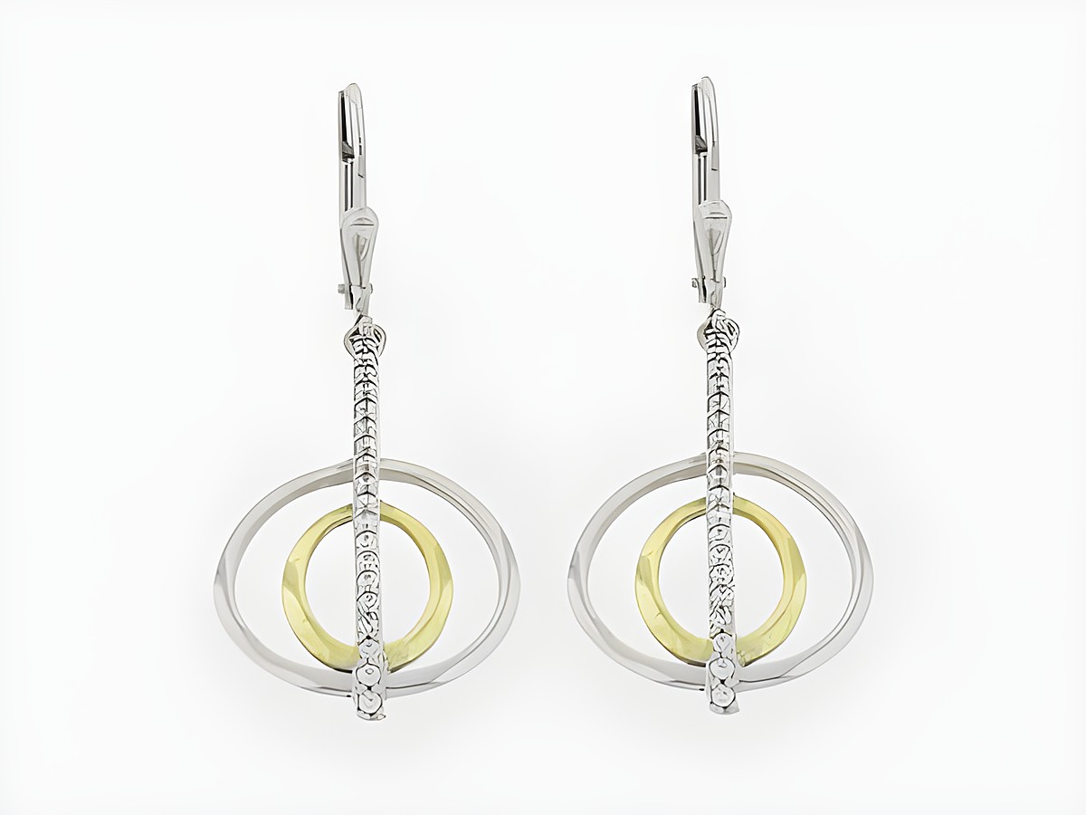 Ohrringe Silber rhod. im modernen Kreisdesign mit Hänger, verziert mit Zirkonia und einem goldfarbenen Innenkreis, Hersteller: Juwelier Harnisch, Ohrhänger mit Stein.