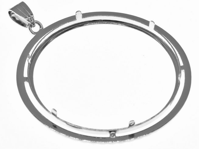 Münzfassung Anhänger aus diamantiertem 925 Sterling Silber, rhodiniert, mit einem Durchmesser von 41 mm für Münzen bis über 4 cm geeignet.