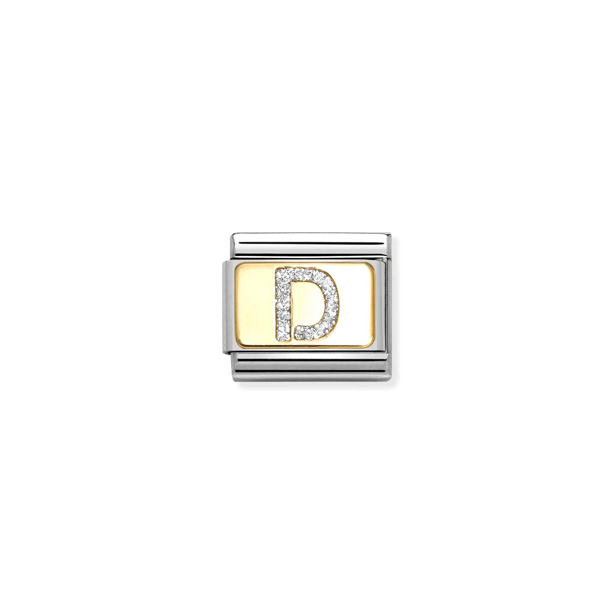 Nomination Composable Classic Charm Buchstabe D Silberglitzer - Edelstahl, Gold 750, Emaille