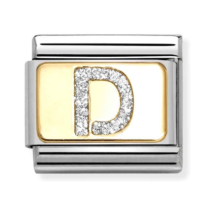 Nomination Composable Classic Charm Buchstabe D Silberglitzer - Edelstahl, Gold 750, Emaille