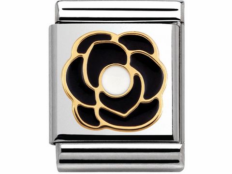 Elegante Edelstahl-Schnalle mit schwarzer Emaille und goldener Camellia, Hersteller Nomination, stilvoll und edel für Schmuckliebhaber.