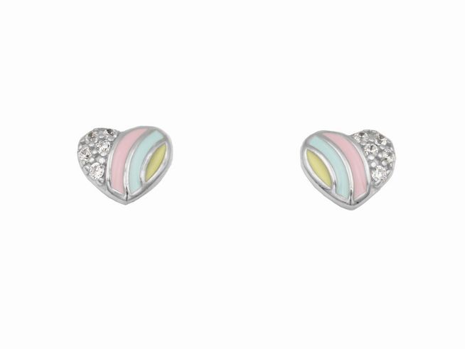 Ohrstecker in Herzform aus buntem Lack und Sterling Silber rhodiniert, hergestellt von Juwelier Harnisch, ideal für Kinder, mit glitzerndem Detail auf der einen Seite.