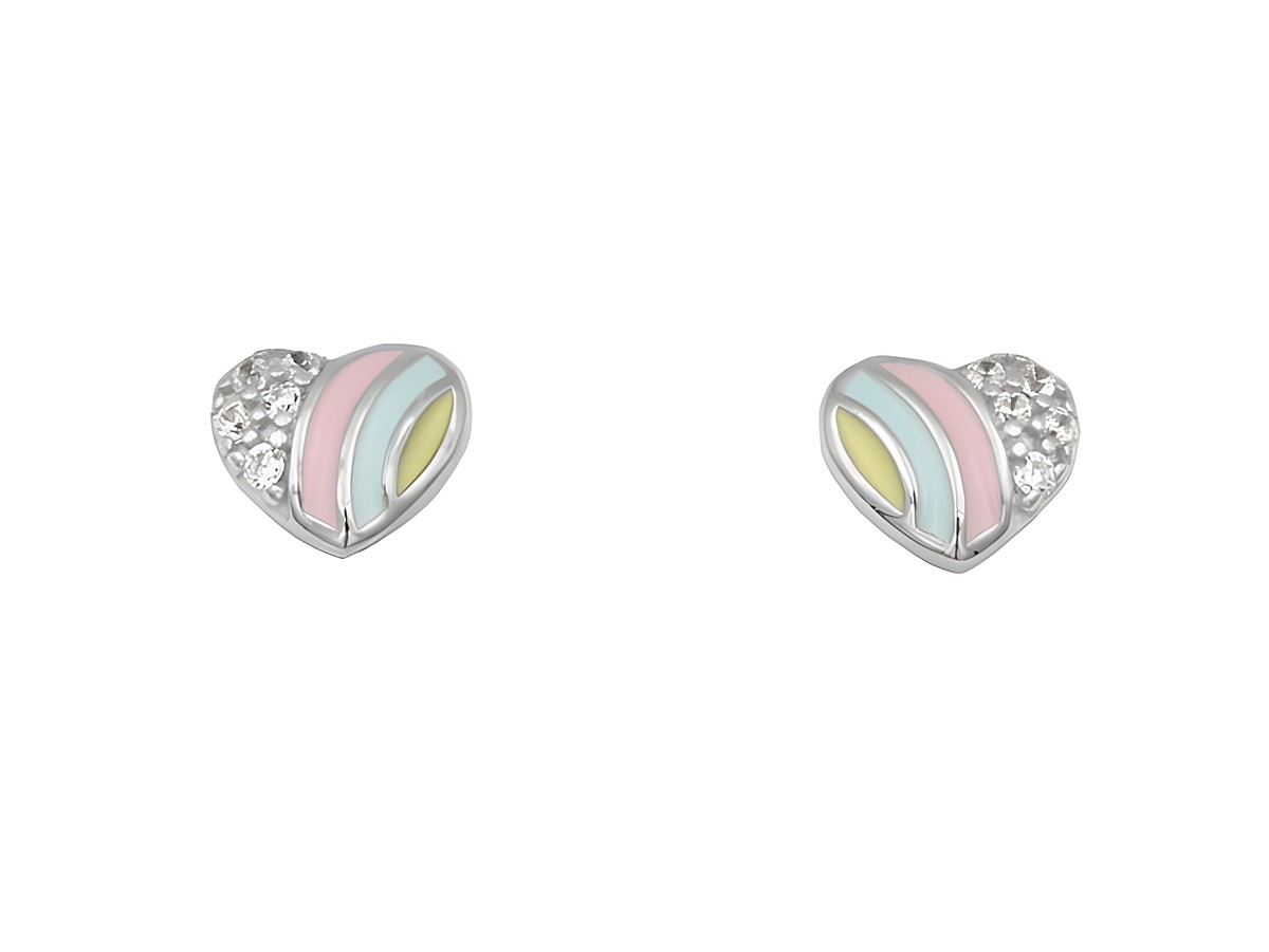 Ohrstecker in Herzform aus buntem Lack und Sterling Silber rhodiniert, hergestellt von Juwelier Harnisch, ideal für Kinder, mit glitzerndem Detail auf der einen Seite.