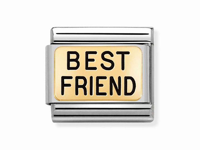 Ein hochwertiger Charm mit der Aufschrift BEST FRIEND, kombiniert aus Edelstahl und Gelbgold, ideal für eine persönliche Schmuckkollektion oder als Geschenk für Freunde.