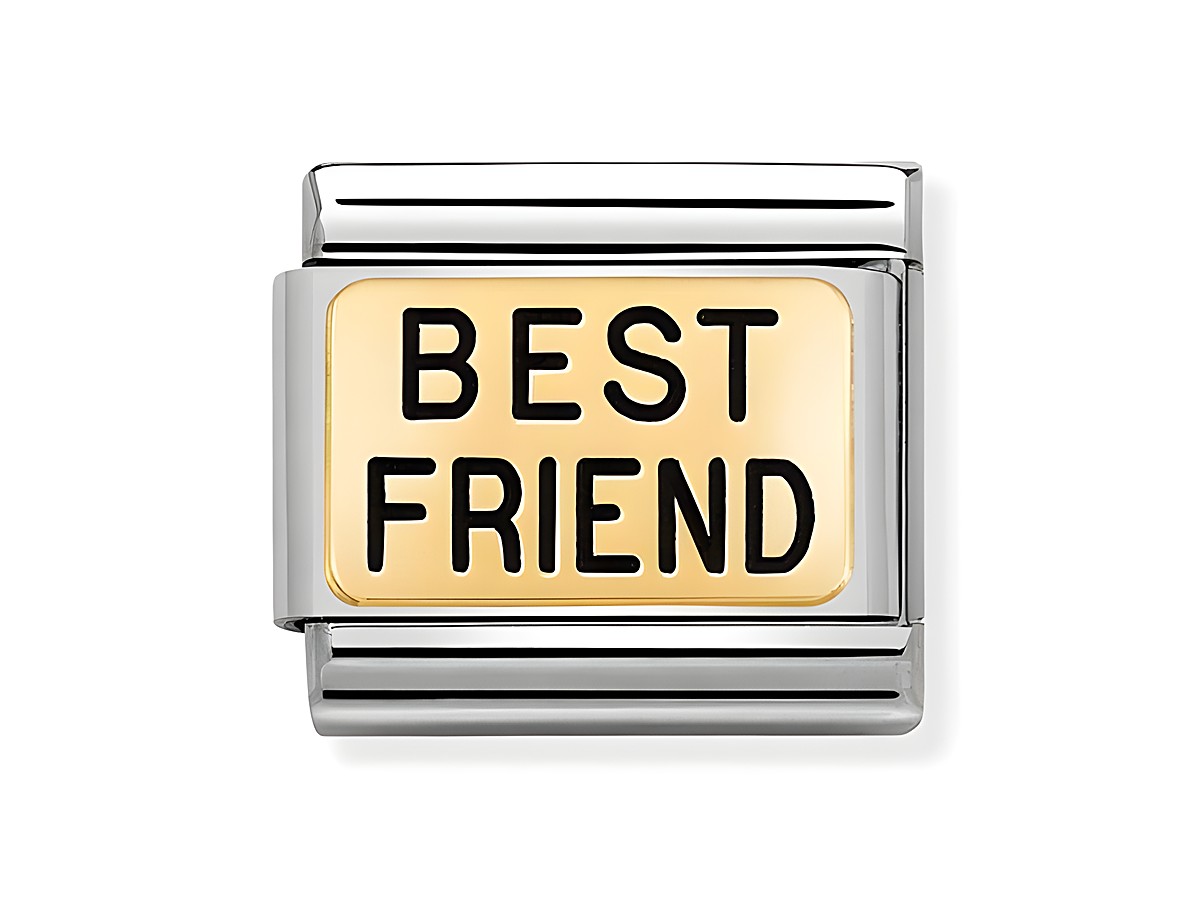 Ein hochwertiger Charm mit der Aufschrift BEST FRIEND, kombiniert aus Edelstahl und Gelbgold, ideal für eine persönliche Schmuckkollektion oder als Geschenk für Freunde.