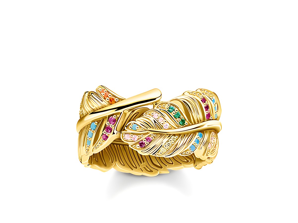 Thomas Sabo TR2284-488-7-52 Ring in Silber und Gelbgold mit bunten, blattähnlichen Elementen. Größe 52, exquisites Design mit funkelnden Akzenten.