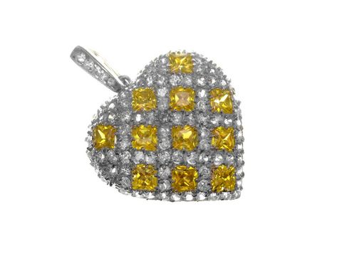 BIG LOVE Herz aus gelbem Sterling Silber mit Zirkonia, Hersteller Juwelier Harnisch, funkelnde gelbe Steine auf einer herzförmigen Anhängerstruktur.